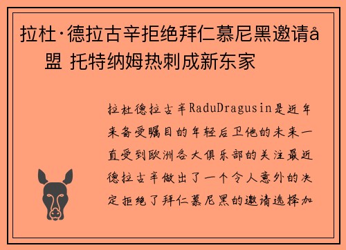 拉杜·德拉古辛拒绝拜仁慕尼黑邀请加盟 托特纳姆热刺成新东家 拉杜·德拉古辛拒绝拜仁慕尼黑邀请加盟 托特纳姆热刺成新东家
